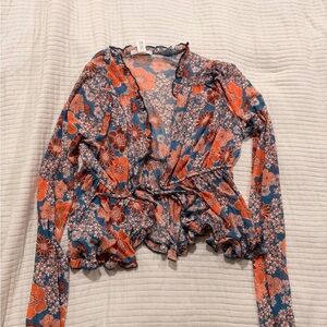 Full Tilt Floral Blouse w/ Front Tie - Blue and Orange